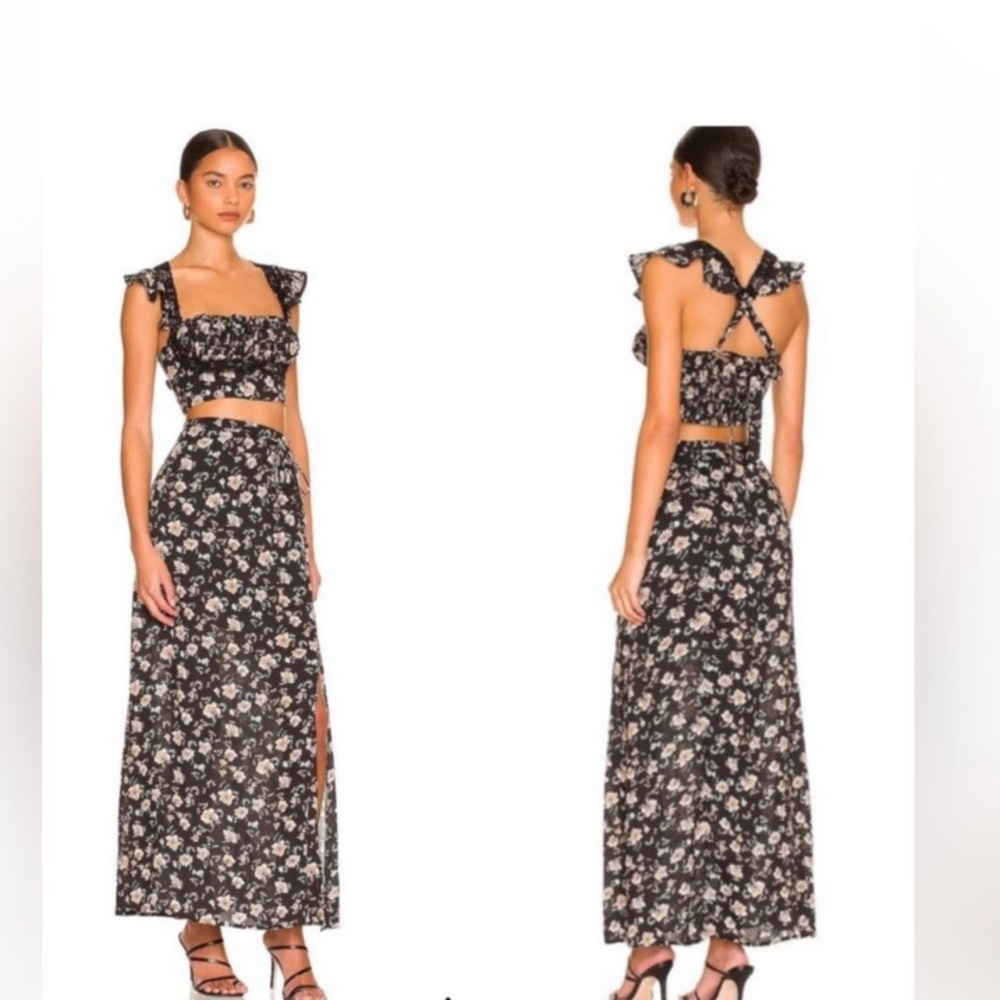 NWT $128 Free People Black Floral Bijou Smocked Crop Top & Skirt 2 pc Set 4